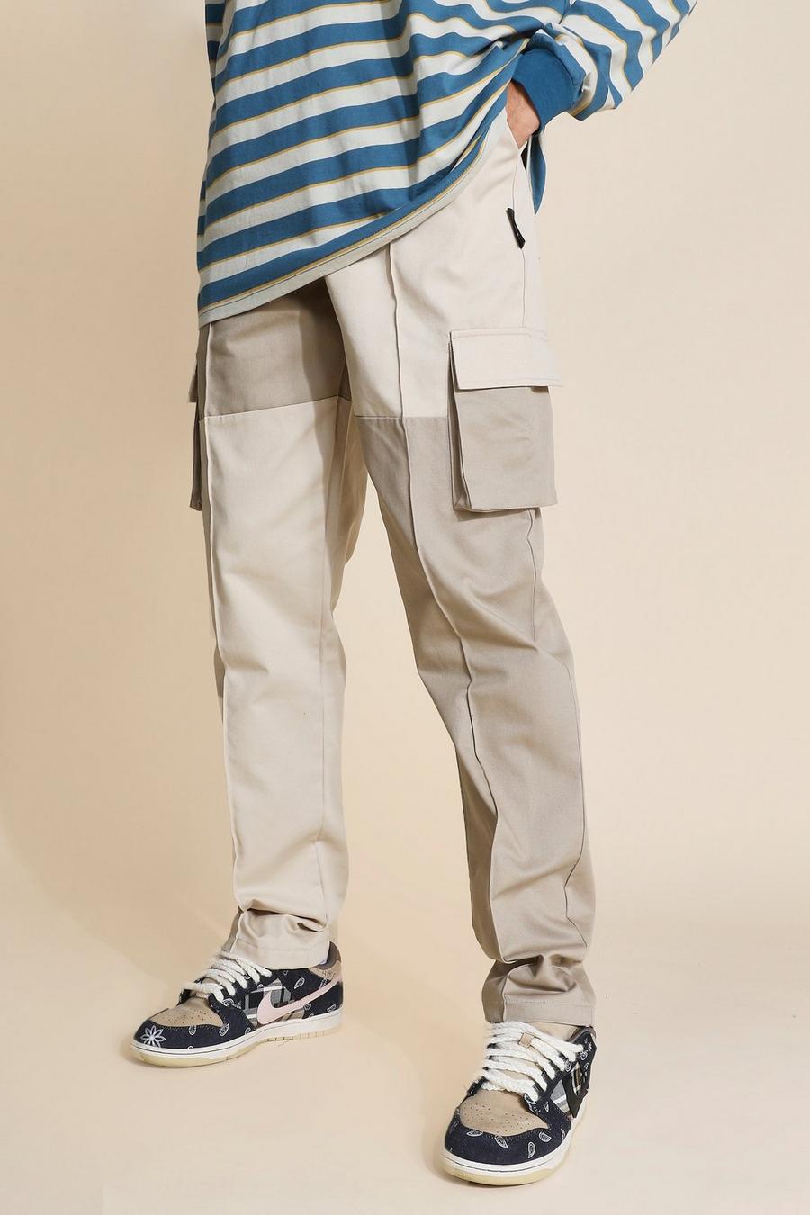 Pantaloni Cargo Tall Regular Fit in twill effetto patchwork, Pietra beige
