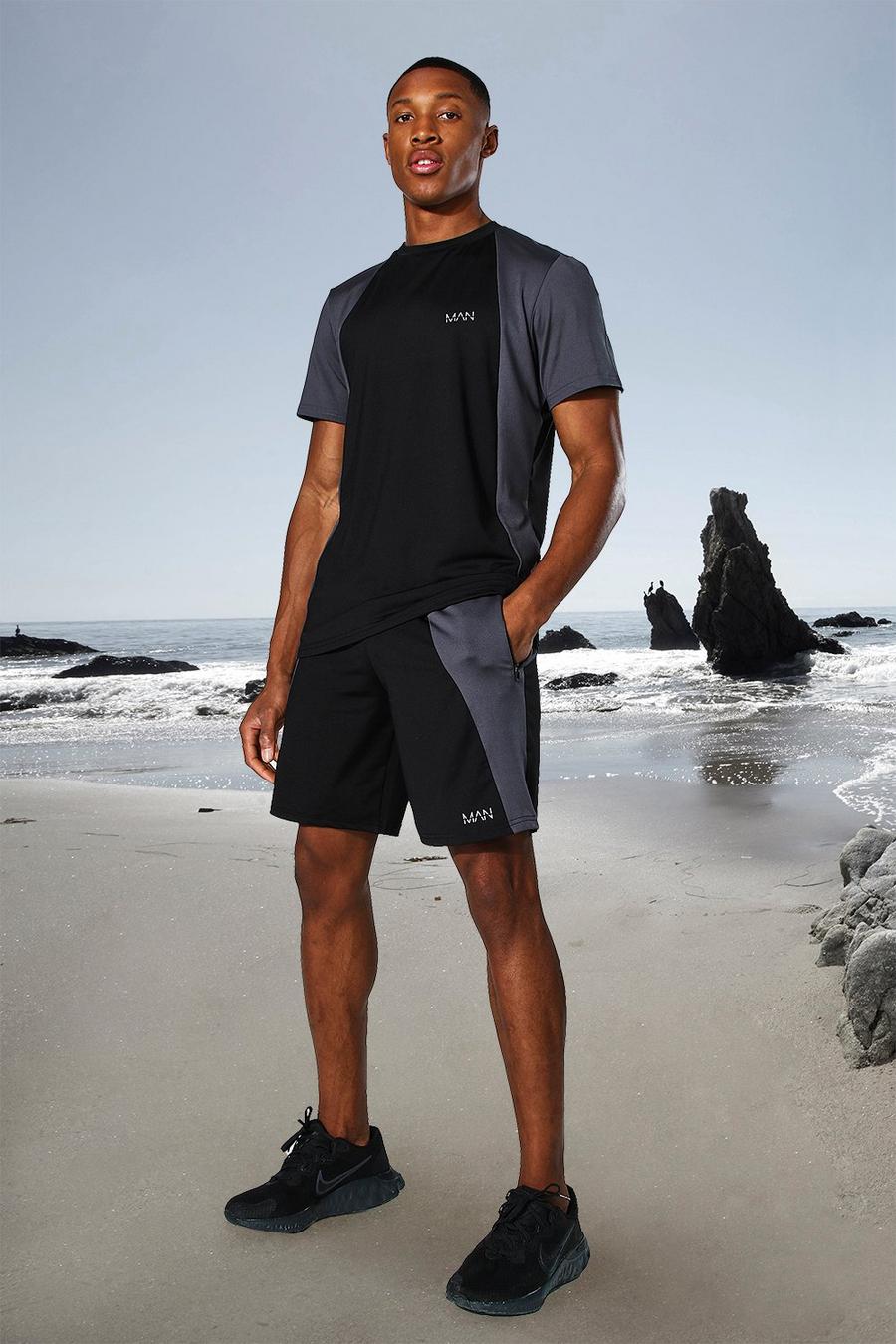 MAN Active T-Shirt und Shorts mit farblich passendem Colorblock, Schwarz image number 1