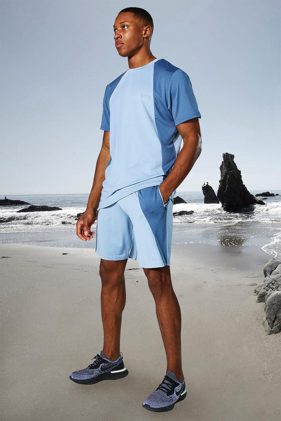 Dusty blue Man Active Gym Colour Block Tee And Shorts image number 1