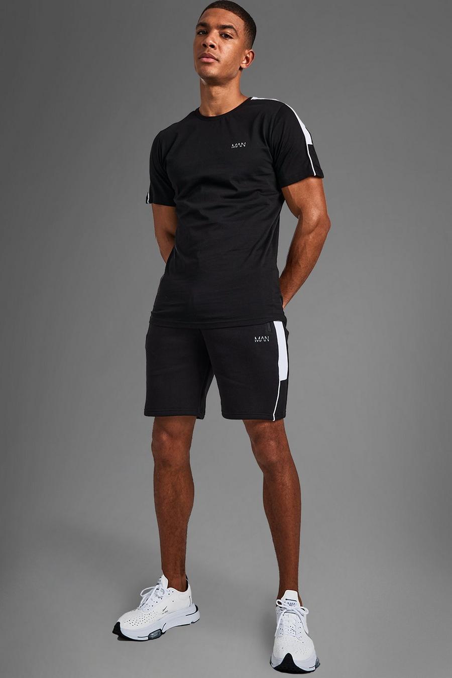 Man Active Set mit T-Shirt und Shorts mit Seitenstreifen, Schwarz image number 1
