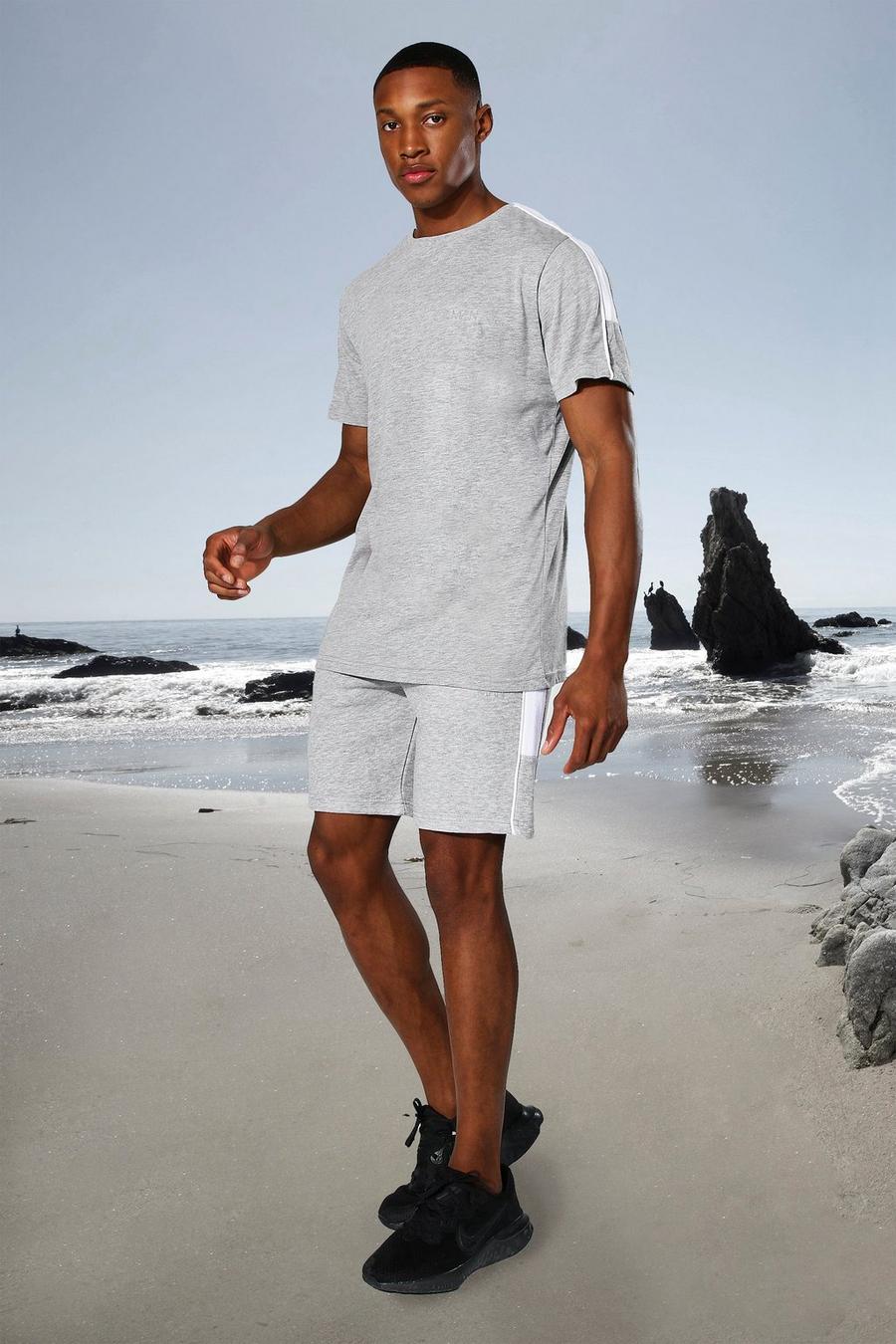 Set con pantaloncini e t-shirt con fasce laterali MAN Active, Grigio mélange image number 1