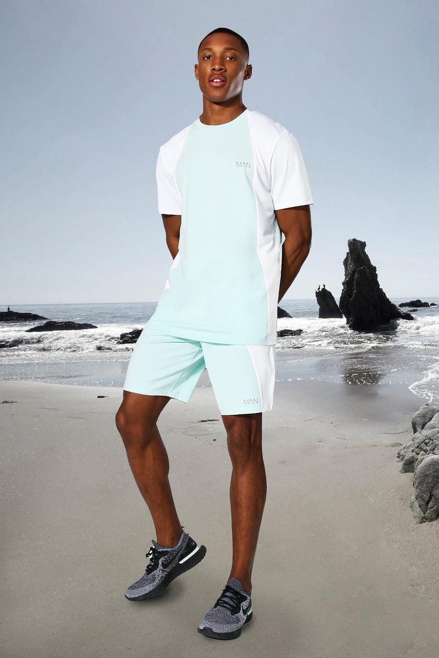 Mint Man Active Tonal Colour Block Tee And Shorts image number 1