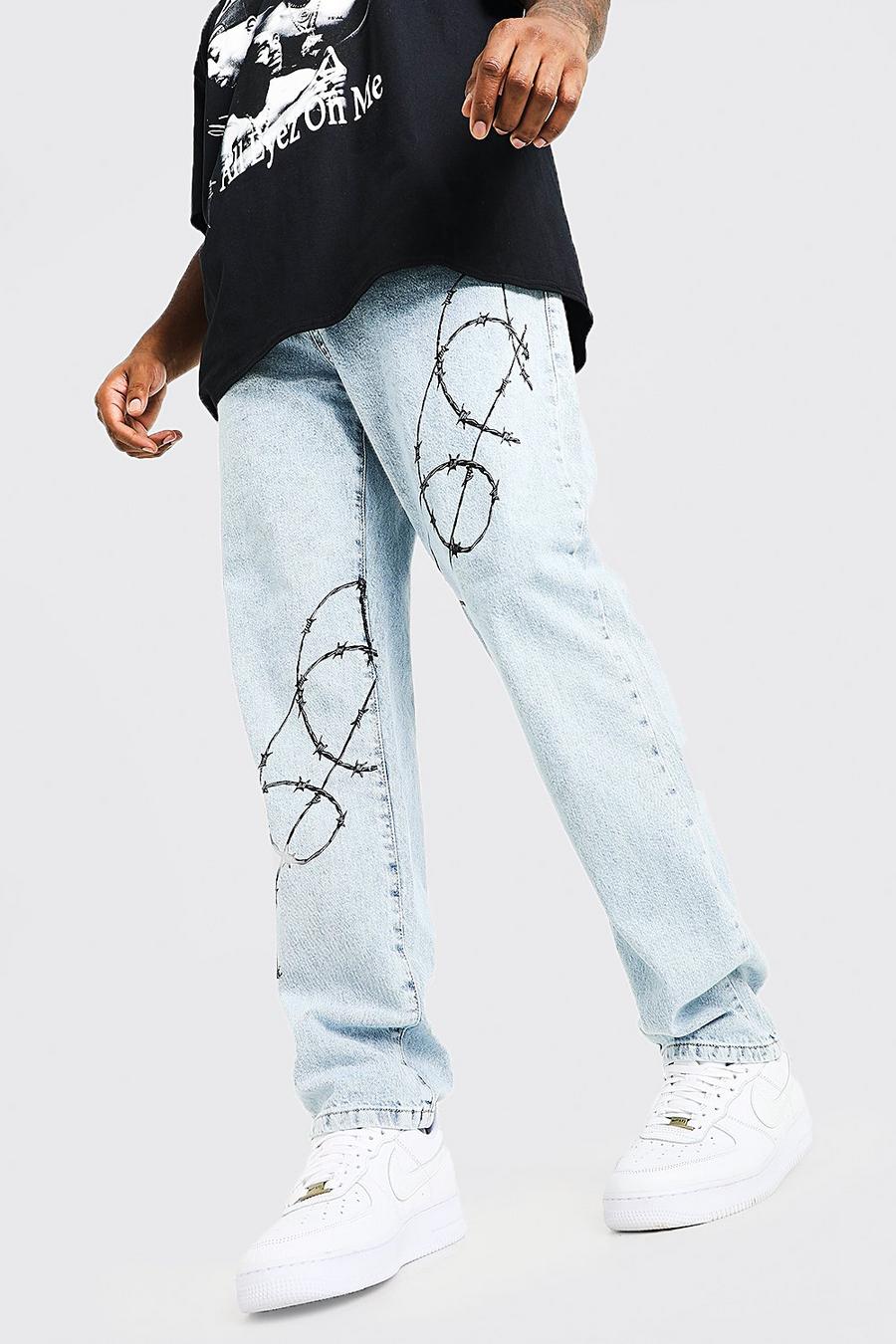 Jeans Plus Size a gamba dritta con stampa di filo spinato, Blu ghiaccio image number 1