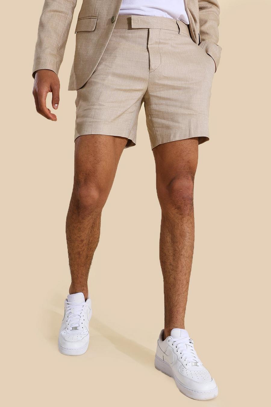 Taupe Linen Fixed Waistband Smart Shorts image number 1
