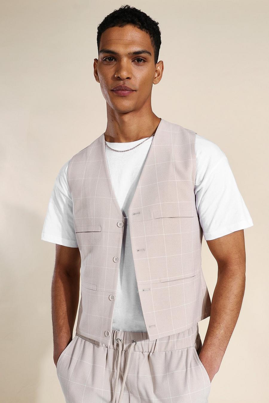 Taupe Windowpane Check Utility Vest image number 1