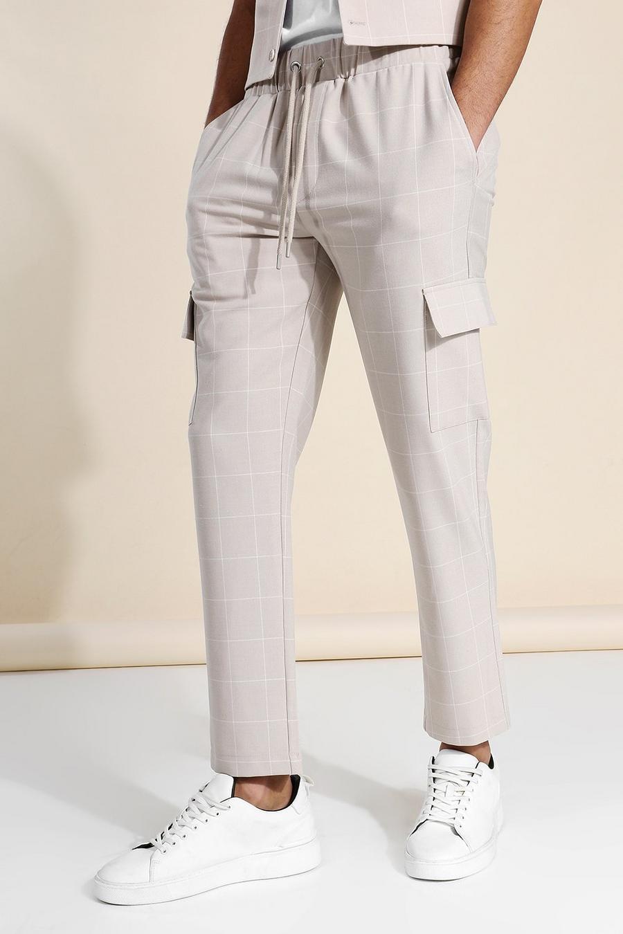 אפור חום מכנסי קרופ בסגנון שימושי עם הדפס משבצות גדולות image number 1