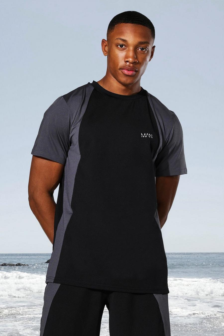 Man Active T-Shirt mit farblich passendem Colorblock, Schwarz image number 1