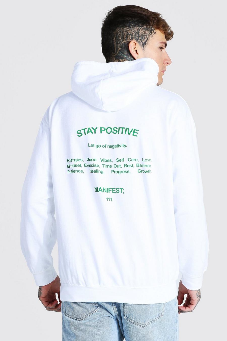 White Oversized Stay Positive Back Print Hoodie image number 1
