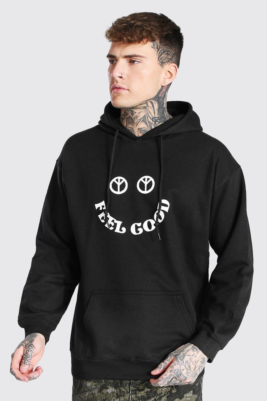 Black Oversized Feel Good Peace Graphic Hoodie image number 1