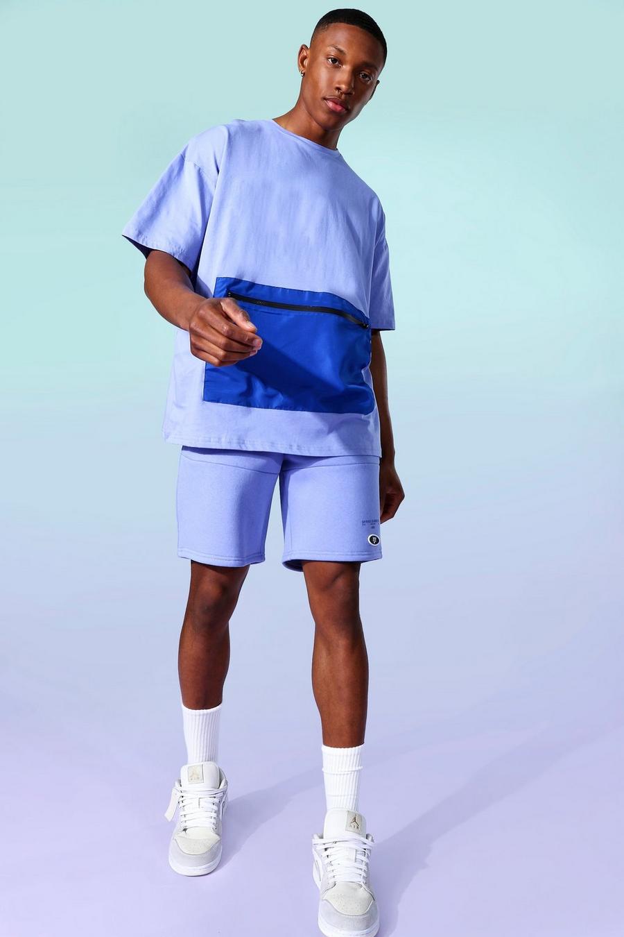 Set con pantaloncini e t-shirt in jersey e nylon con cerniera a contrasto, Blu cobalto image number 1