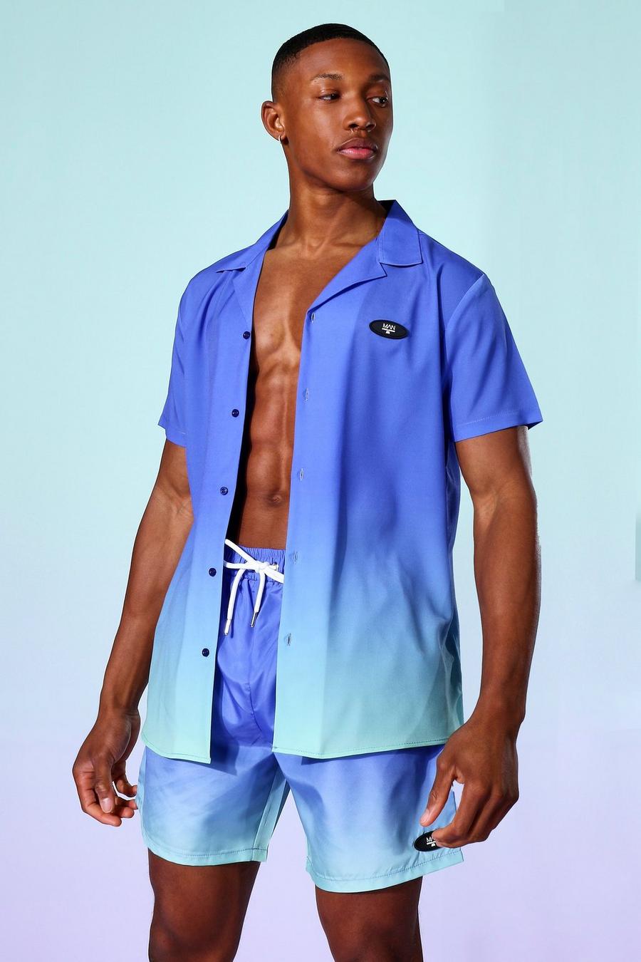 Chemise à manches courtes à col tailleur ombré, Bleu image number 1