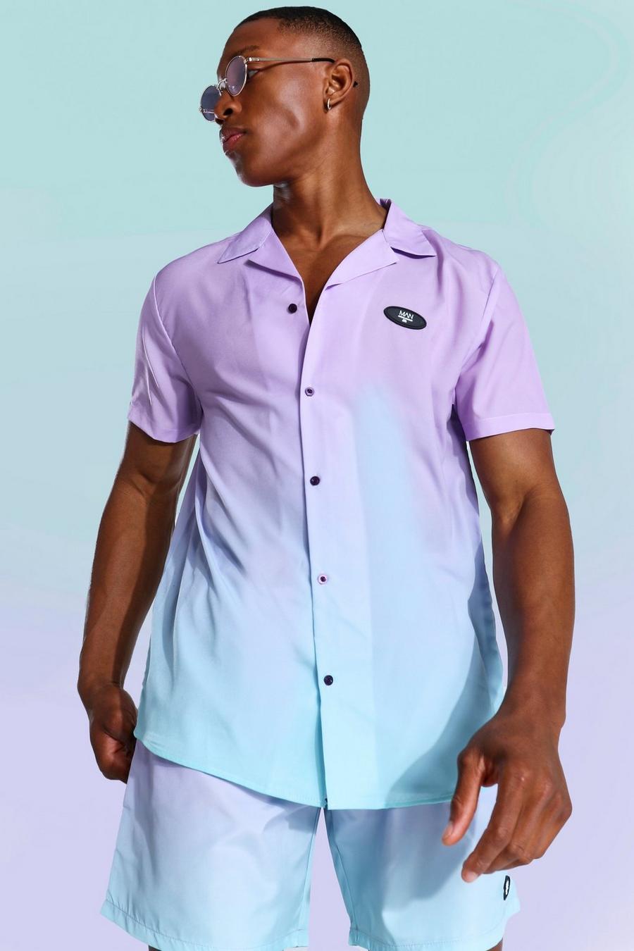 Lilac Ombre Overhemd Met Korte Mouwen En Revers Kraag image number 1
