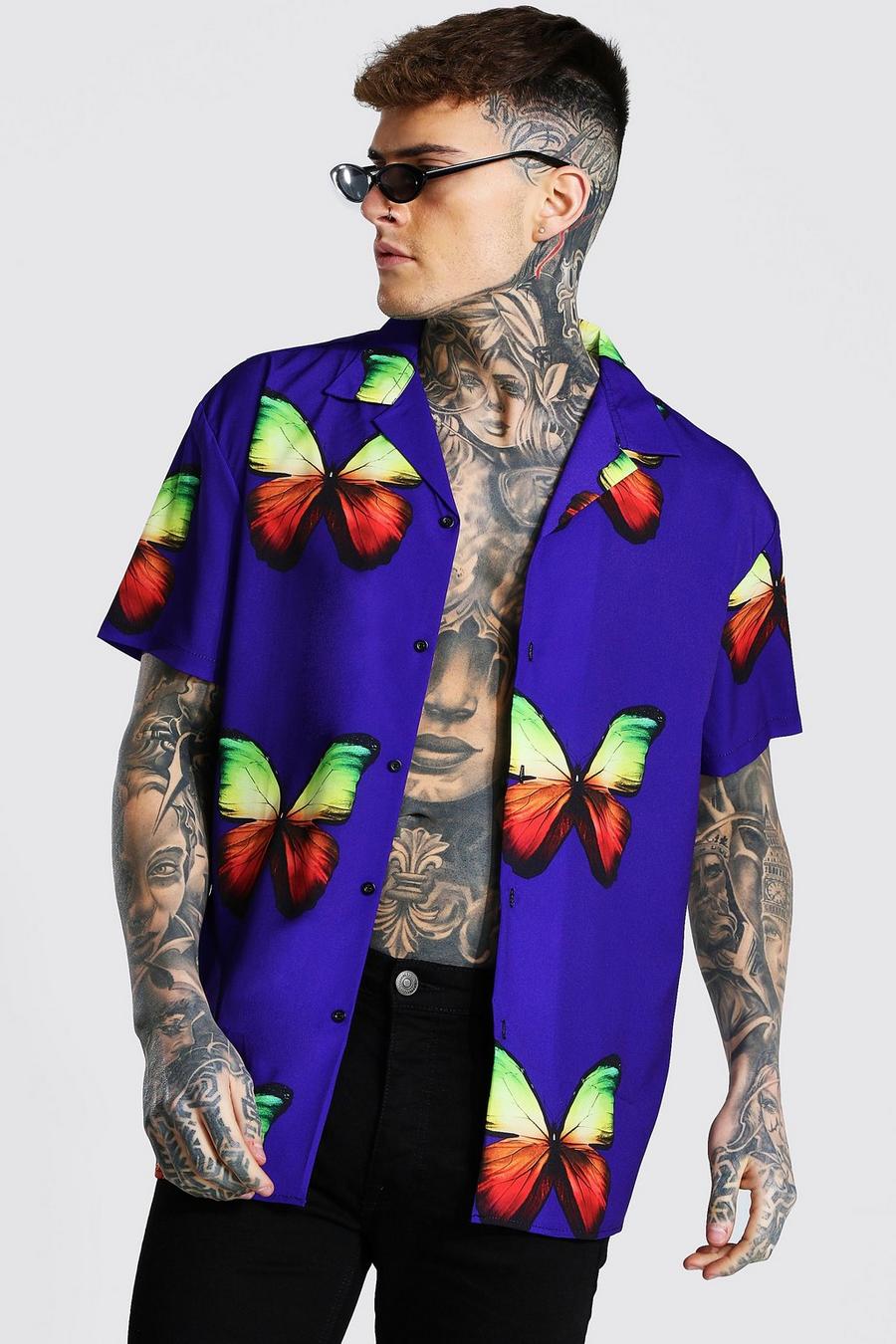 Camisa ancha de manga corta con cuello de solapa con estampado de mariposa, Morado image number 1