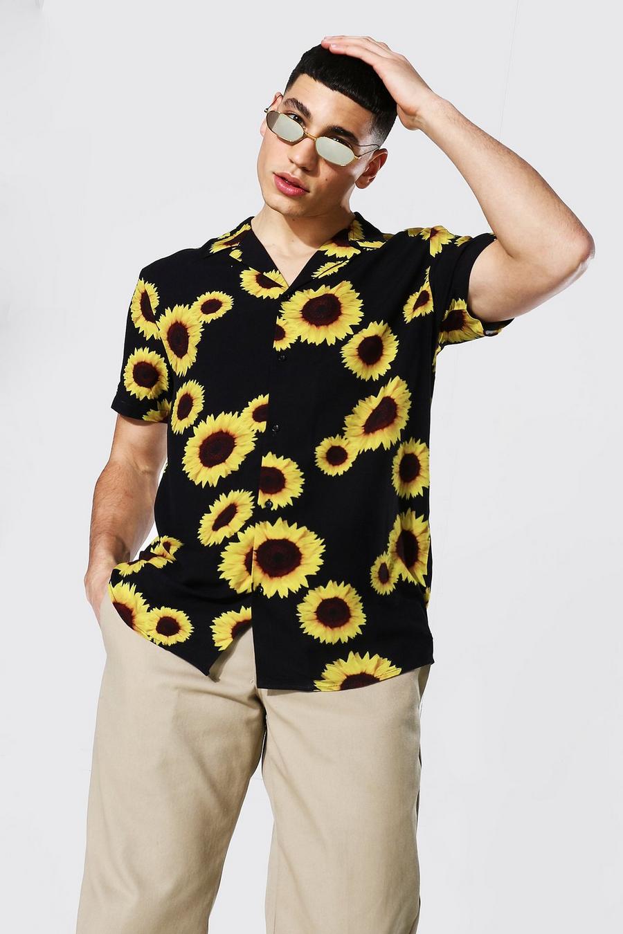 Kurzärmliges Shirt aus Viskose mit Reverskragen und Sonnenblumenmuster, Schwarz image number 1