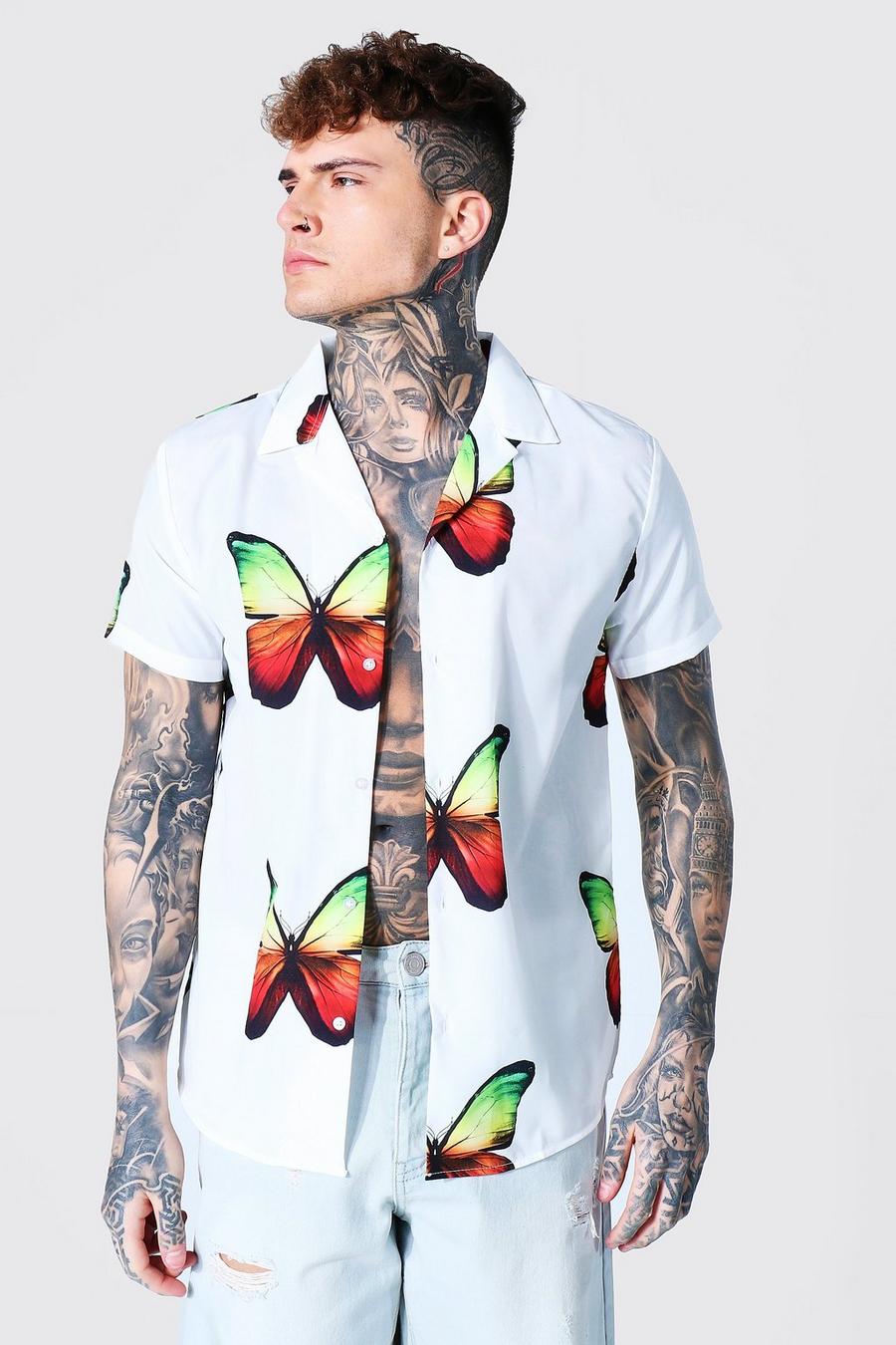 Kurzärmliges Shirt mit Reverskragen und Schmetterlingsmuster, Weiß image number 1