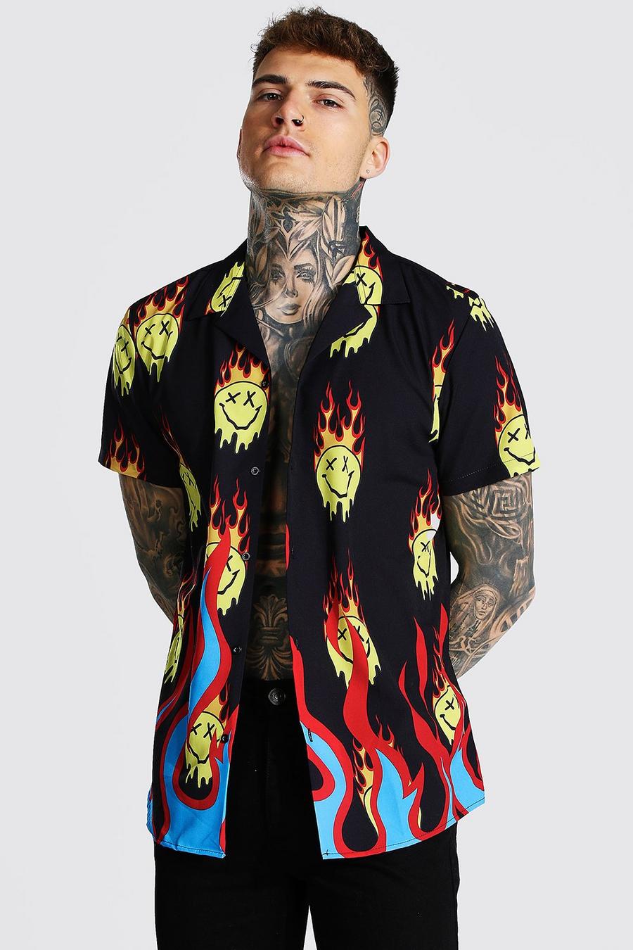 Black Short Sleeve Revere Flame Shirt image number 1