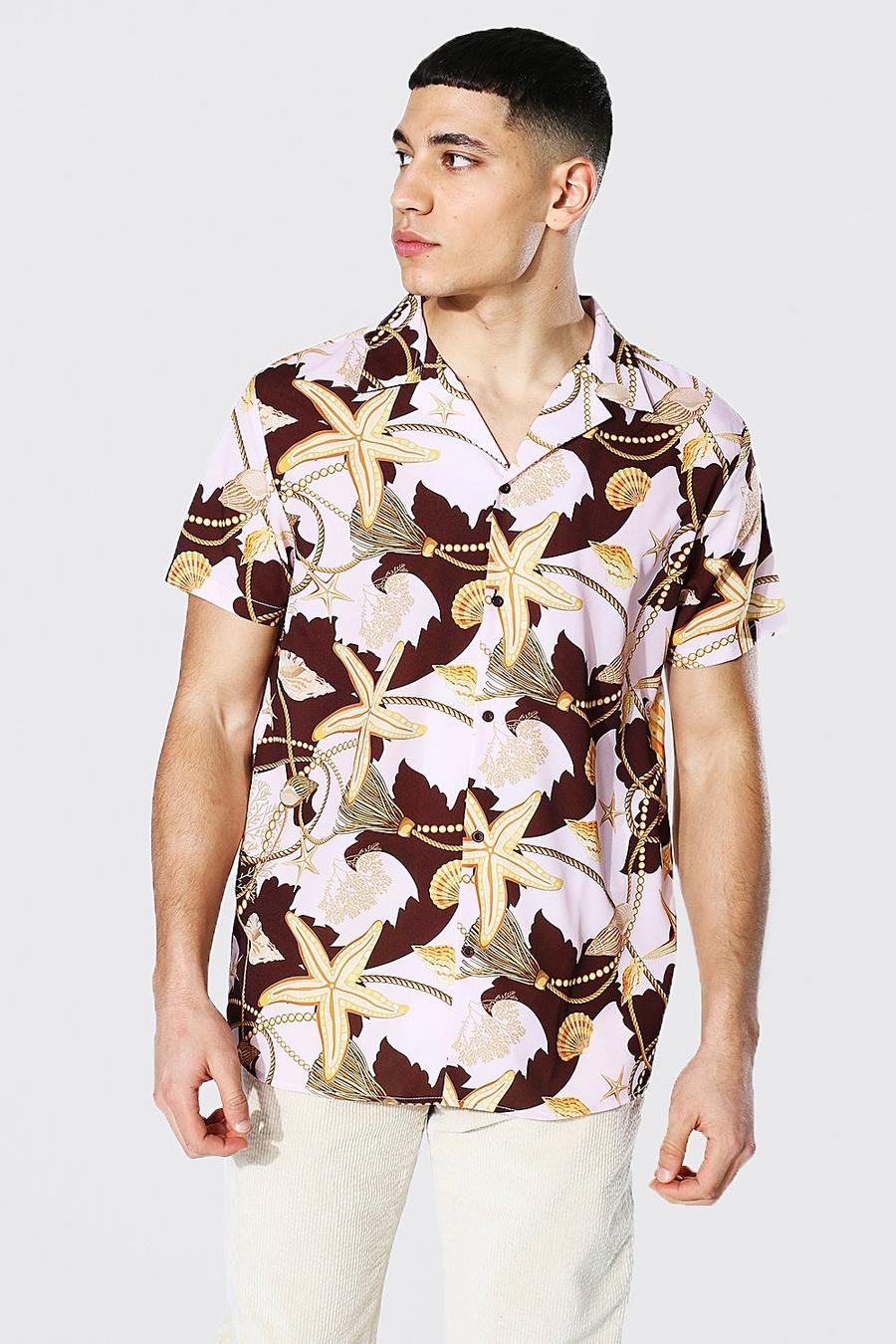 Chocolate Short Sleeve Revere Shell Print Shirt image number 1