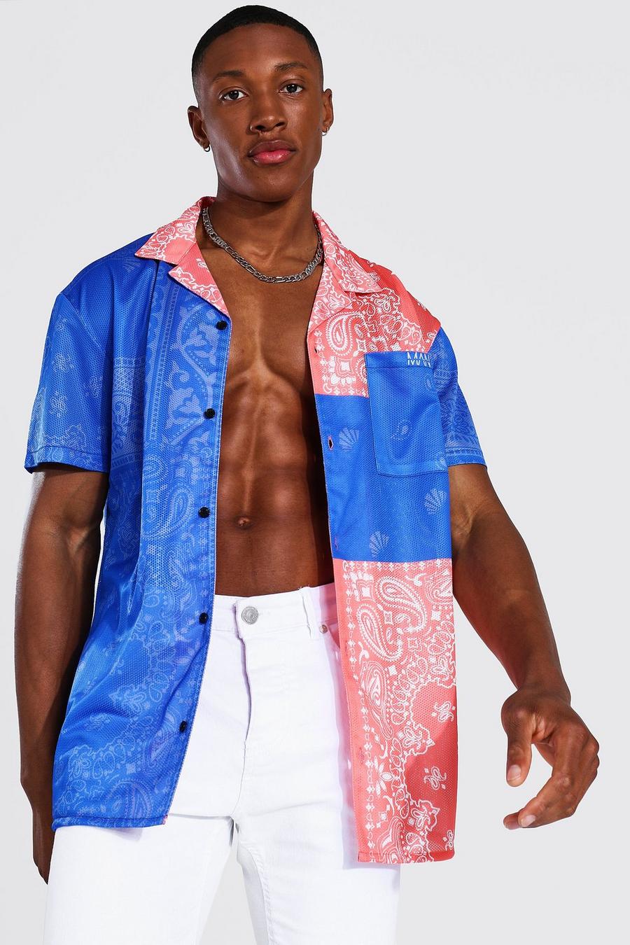 Camicia oversize in rete a maniche corte con stampa a bandana , Blu oltremare image number 1