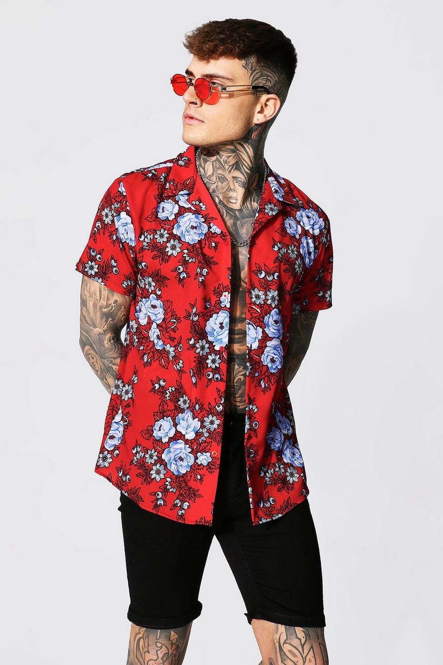 Camisa de manga corta con cuello de solapa con estampado floral, Rojo image number 1
