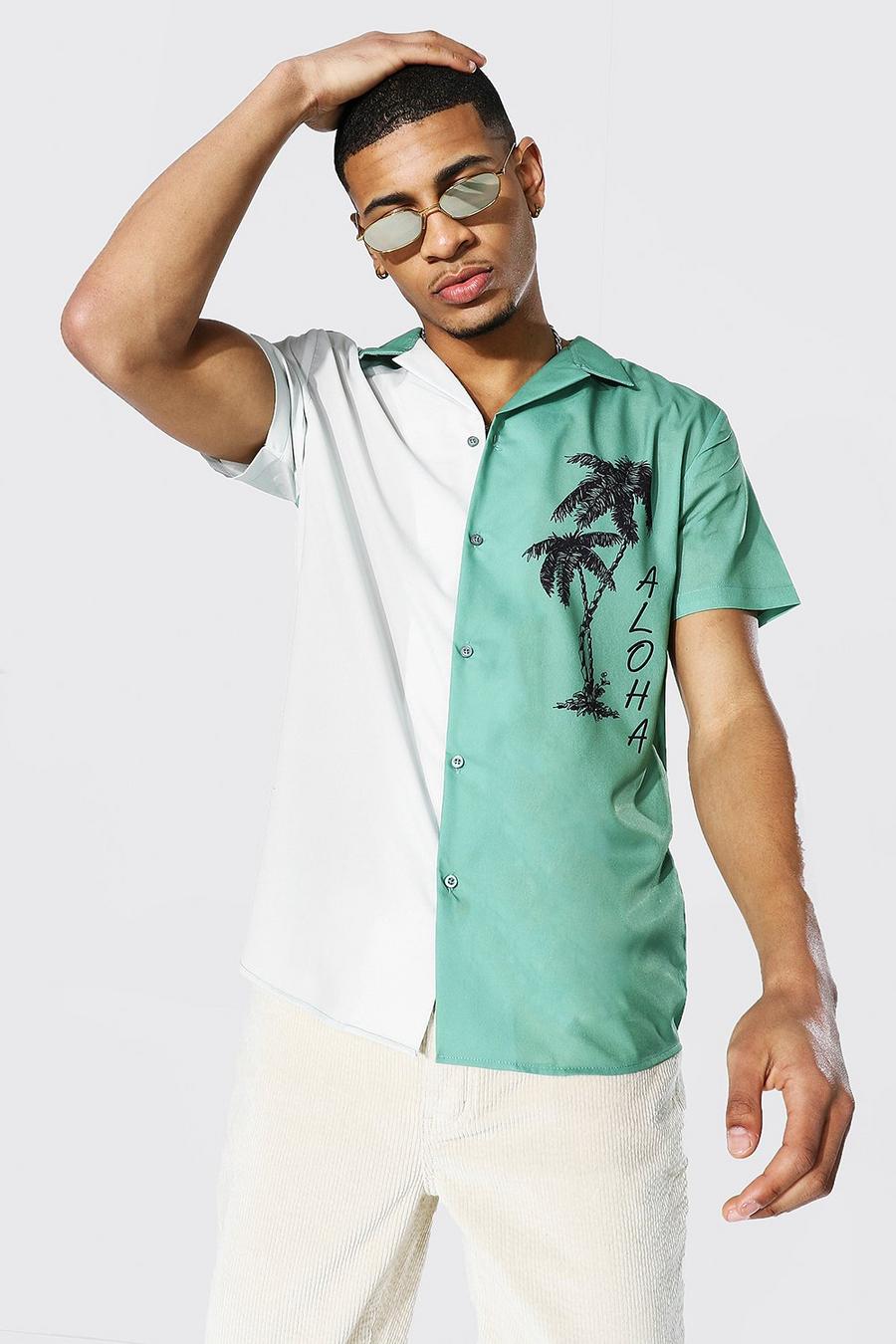 Kurzärmliges gespleißtes Shirt mit Reverskragen und Aloha-Print, Grün image number 1