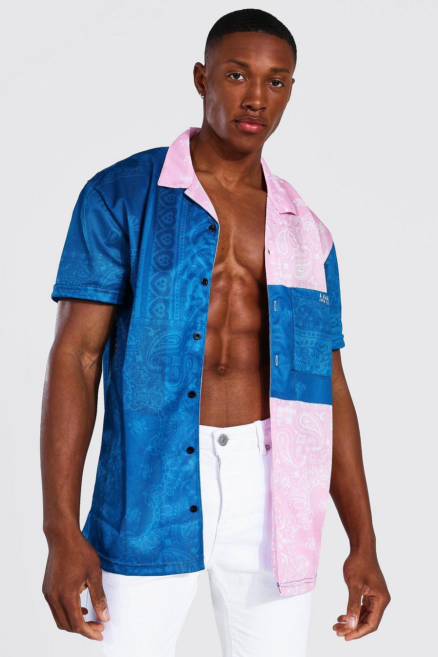 Camicia oversize in rete con colletto risvoltato e stampa a bandana, Foglia di tè image number 1
