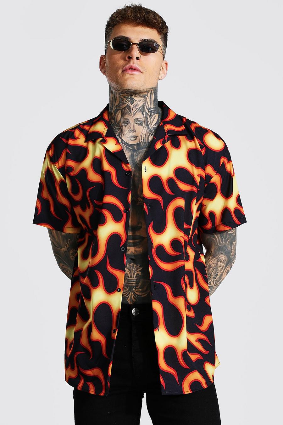 Camisa oversize de manga corta con solapas y estampado de llamas, Orange image number 1