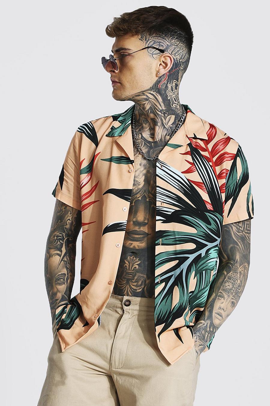 Camisa de manga corta de viscosa con cuello de solapa y estampado de hojas, Naranja image number 1