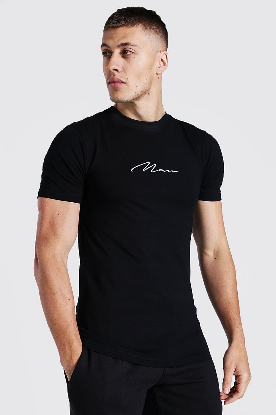 T-shirt attillata con firma Man ricamata, Black image number 1