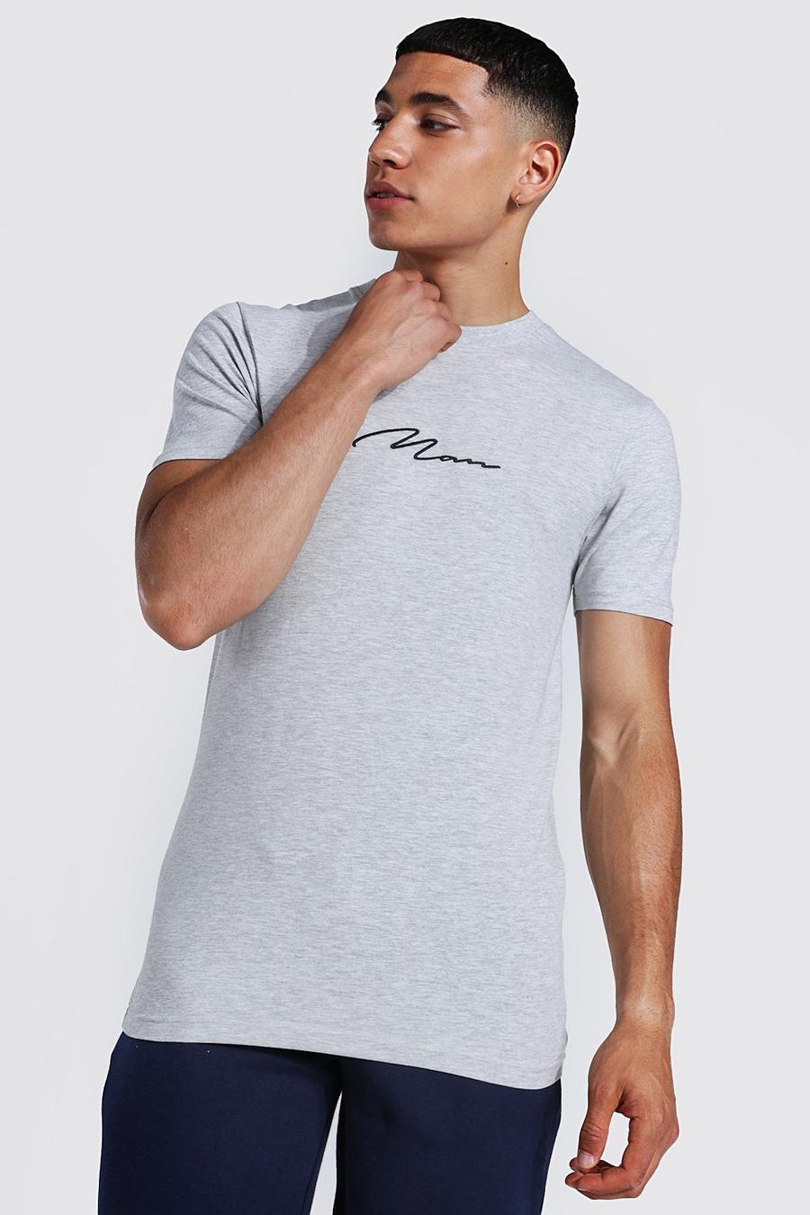 Grey marl Man Signature T-shirt i muscle fit med brodyr image number 1
