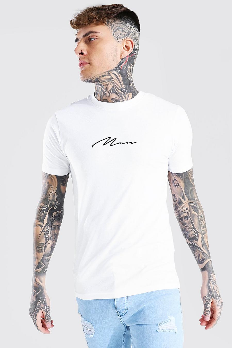 T-shirt attillata con firma Man ricamata, White image number 1