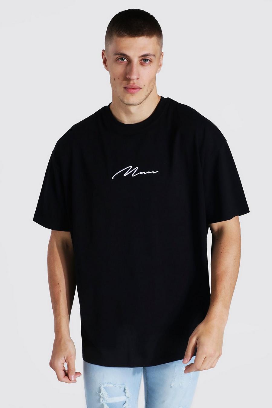 Black Oversized Man Signature Embroidered T-shirt image number 1