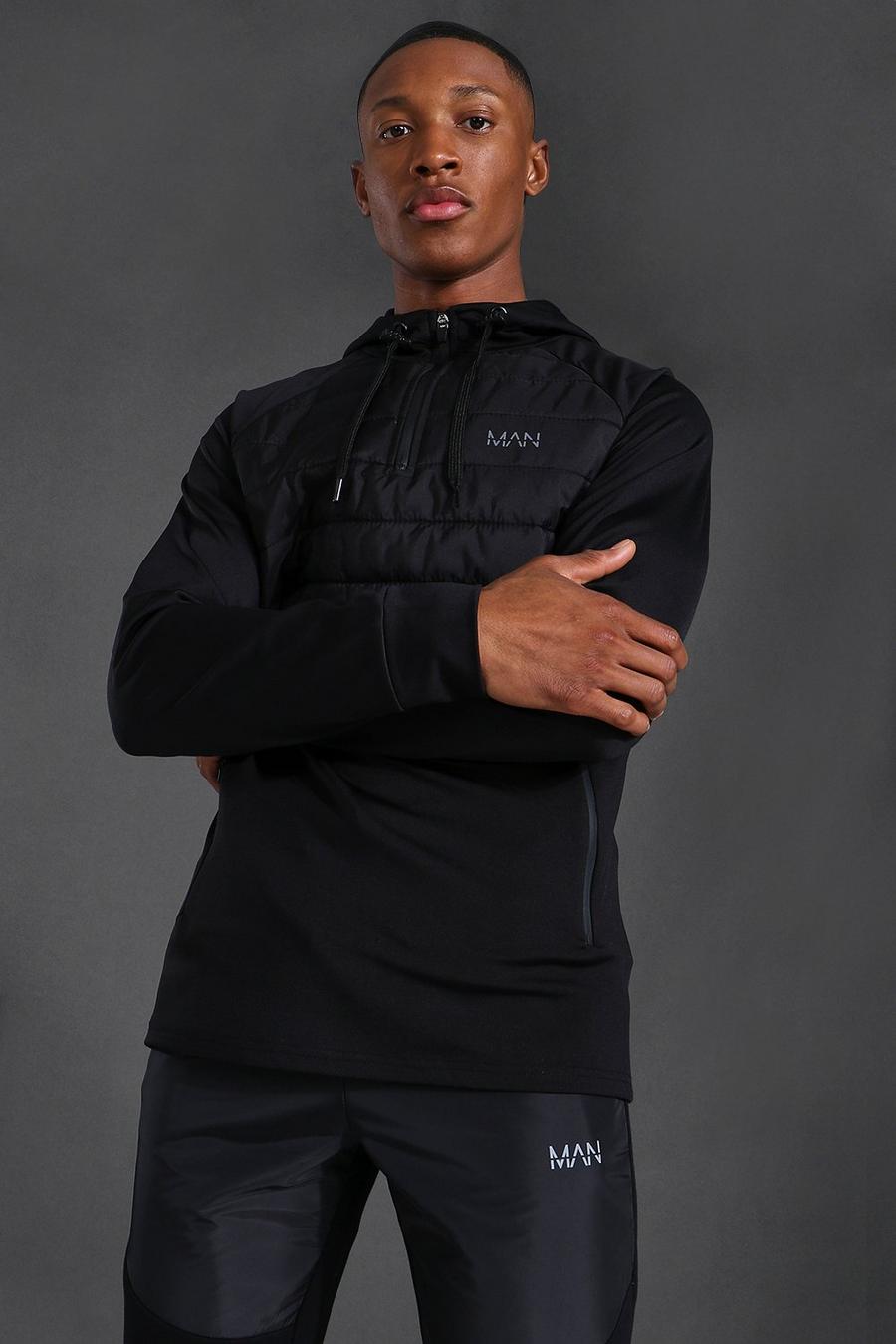 Black MAN Active Quiltad hoodie med kort dragkedja image number 1