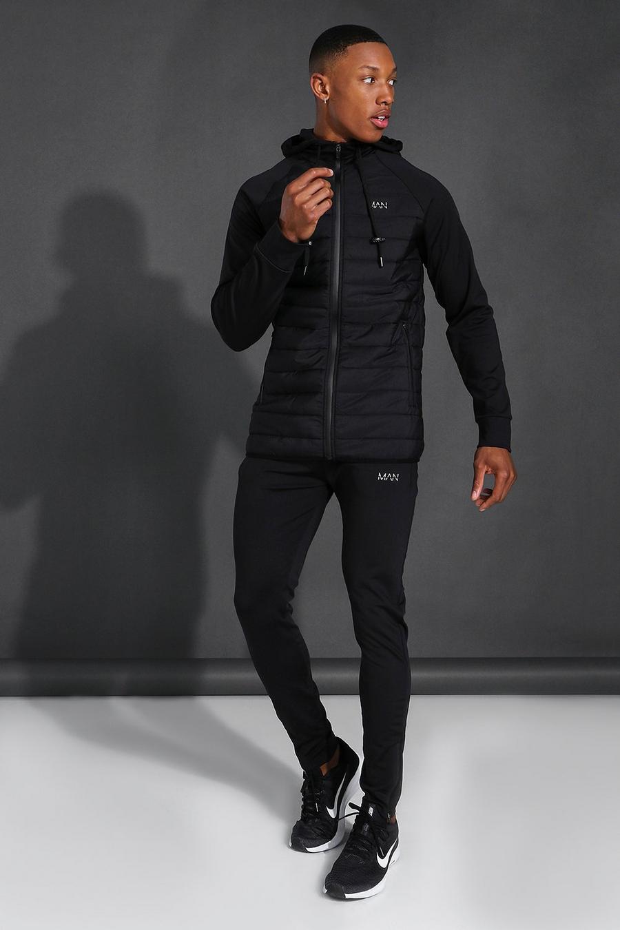 Gesteppter Man Active Hoodie-Trainingsanzug mit Reißverschluss, Schwarz noir