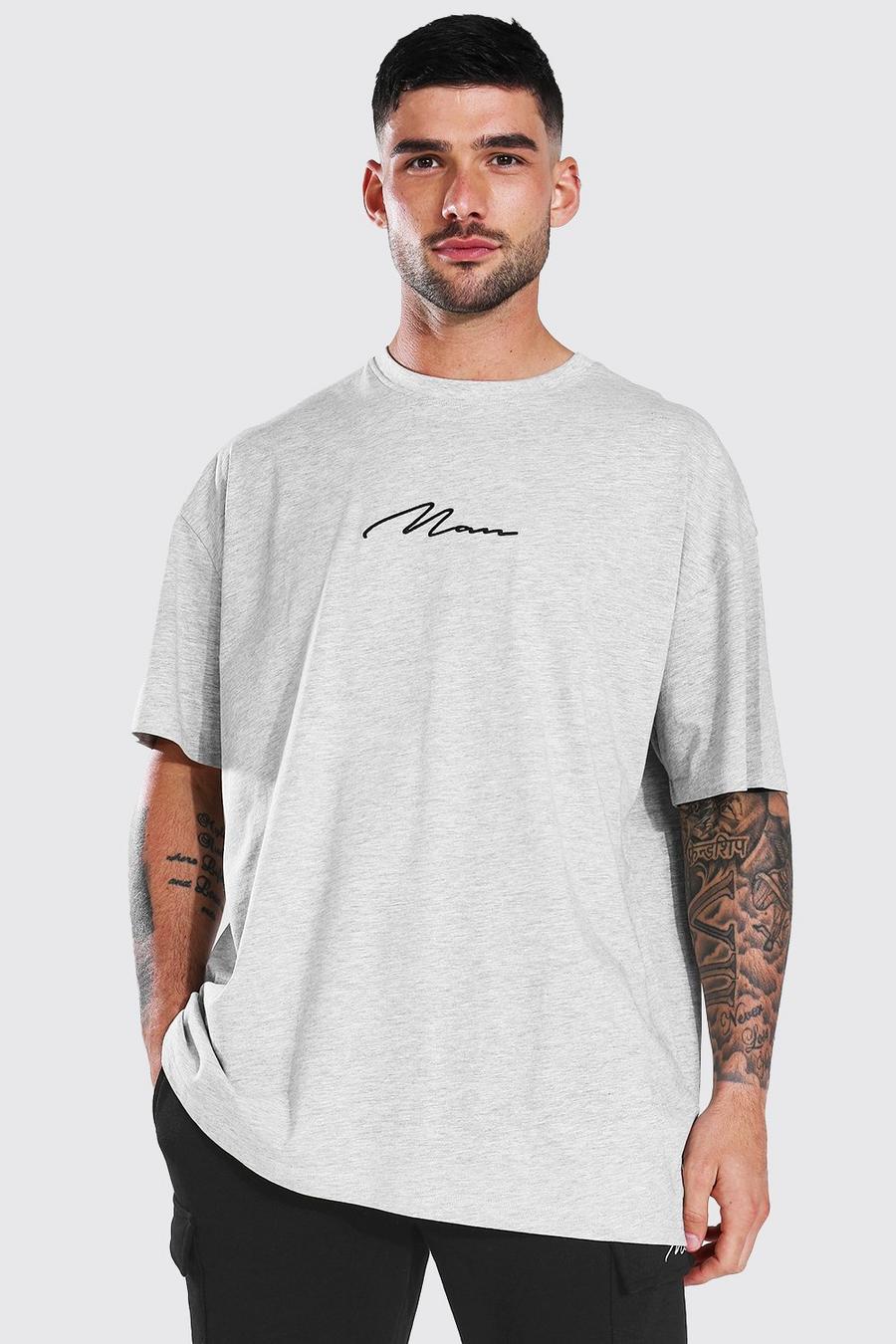 Oversize T-Shirt mit Man Signature Stickerei, Grey marl image number 1
