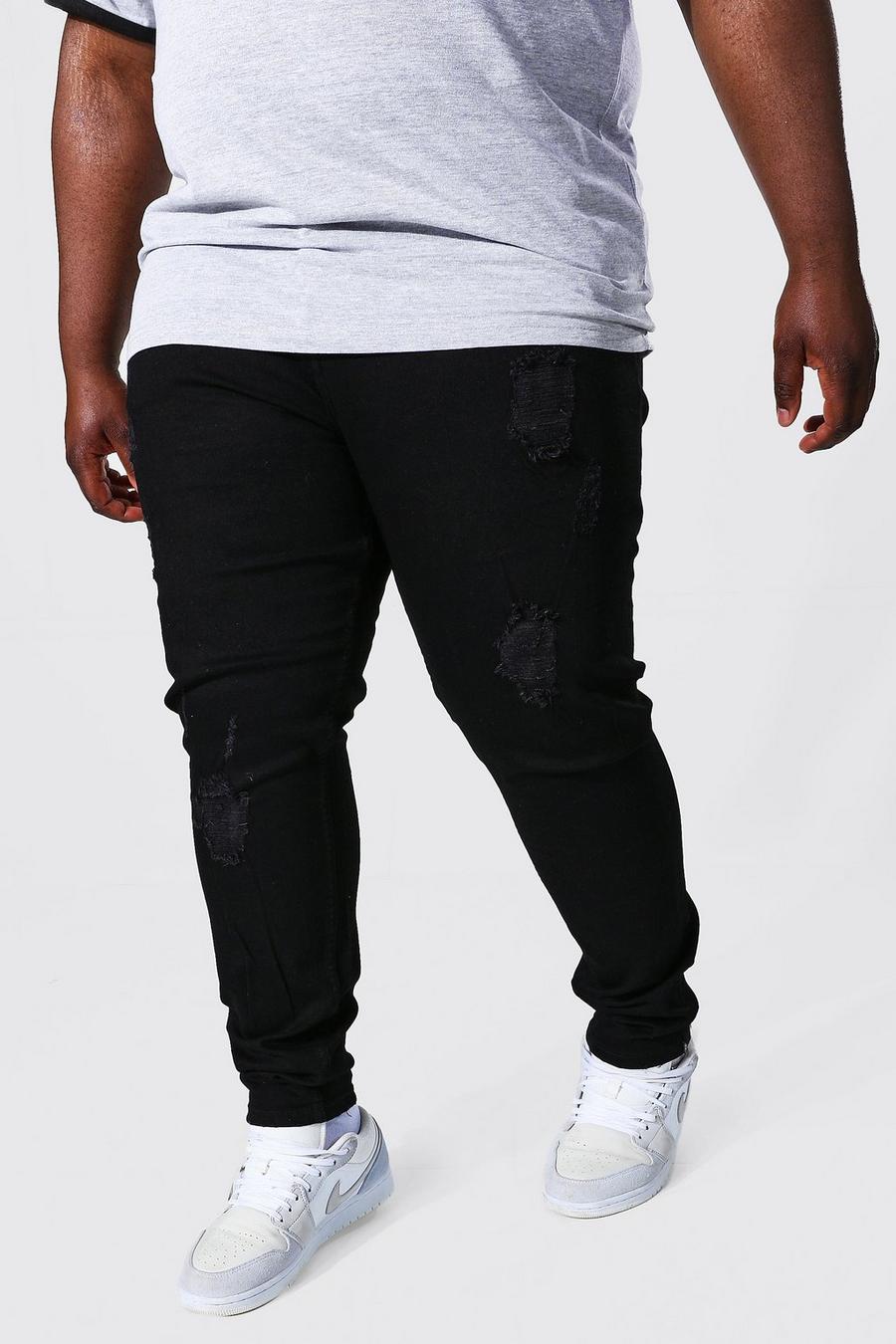 שחור אמיתי סקיני ג'ינס נמתח עם קרעים ורוכסנים, מידות גדולות image number 1