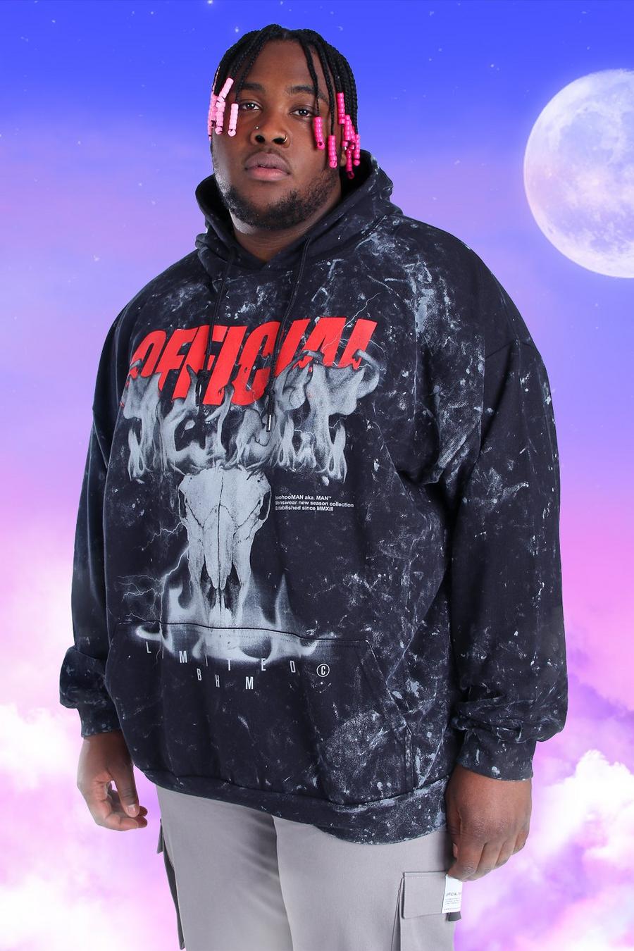 Sudadera con capucha y lavado ácido con estampado Official Big And Tall, Negro image number 1