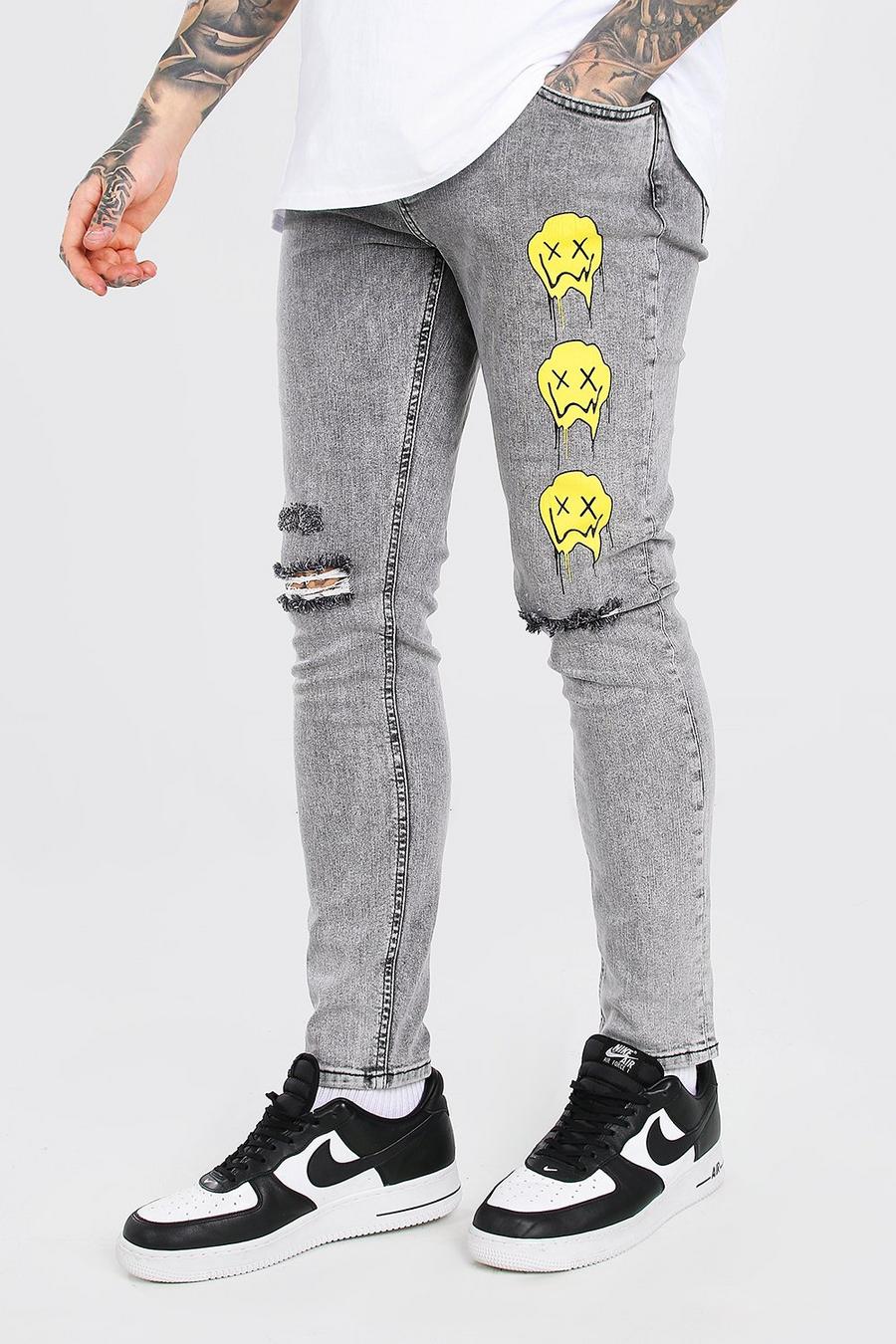 Jean skinny stretch avec Drip Smiley, Gris image number 1