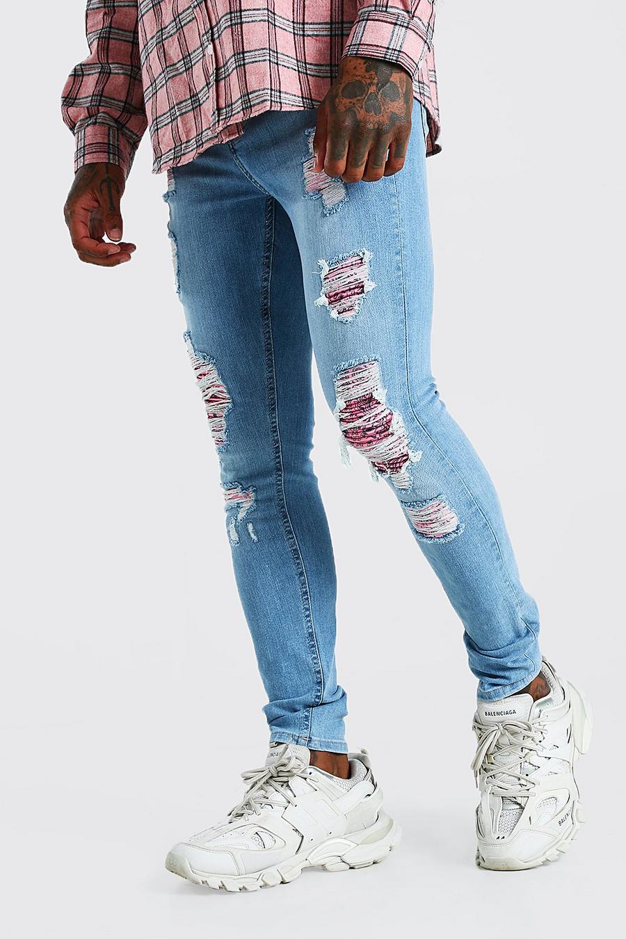 Mid blue Super skinny jeans med slitage och lagningar med bandanamönster image number 1