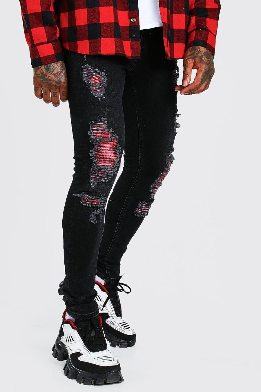 סופר סקיני ג'ינס עם קרעים וטלאים בעיצוב בנדנה image number 1