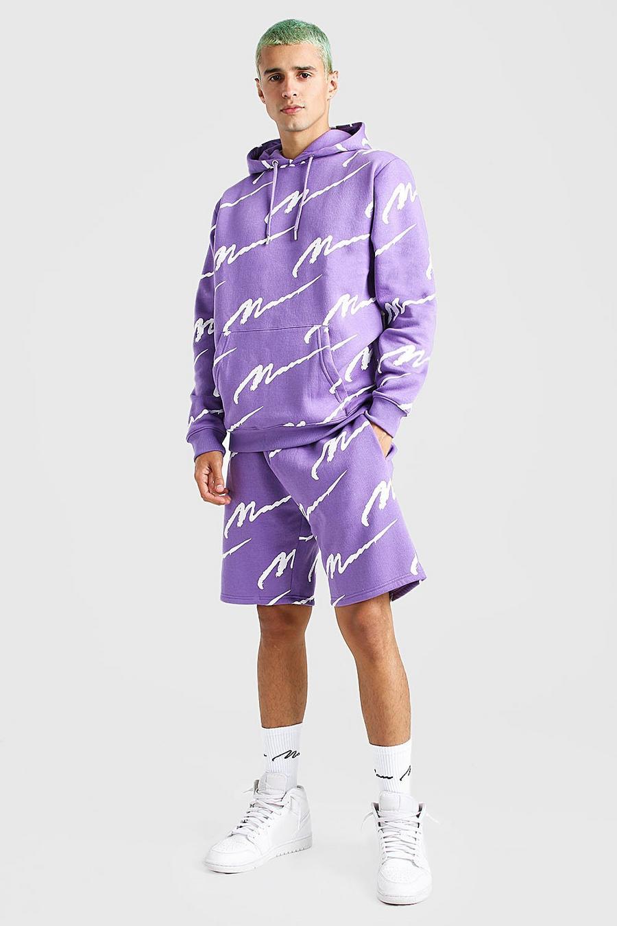 Purple All Over MAN Printed Hooded Short Tracksuit image number 1