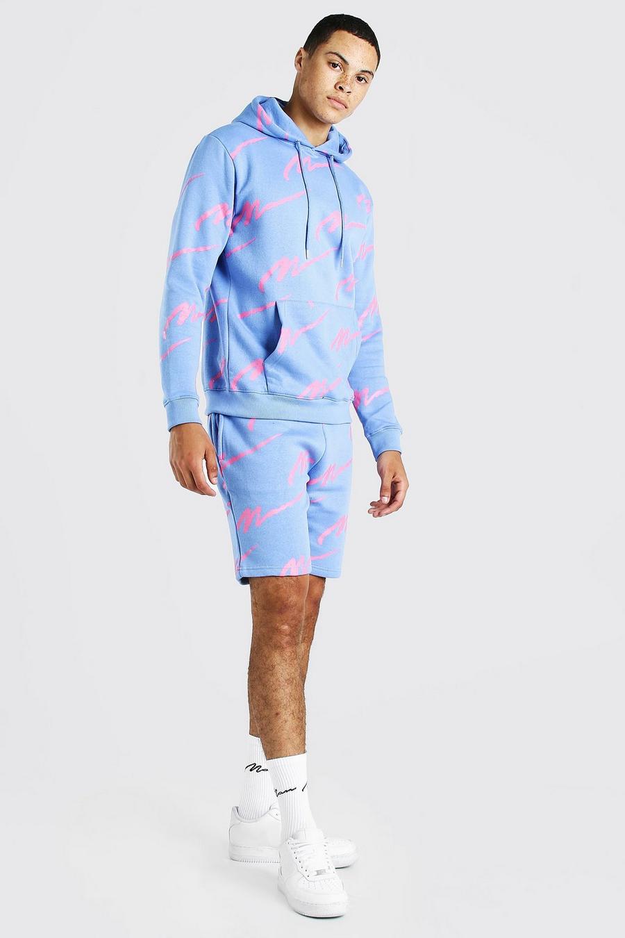 Blue All Over MAN Printed Hooded Short Tracksuit image number 1