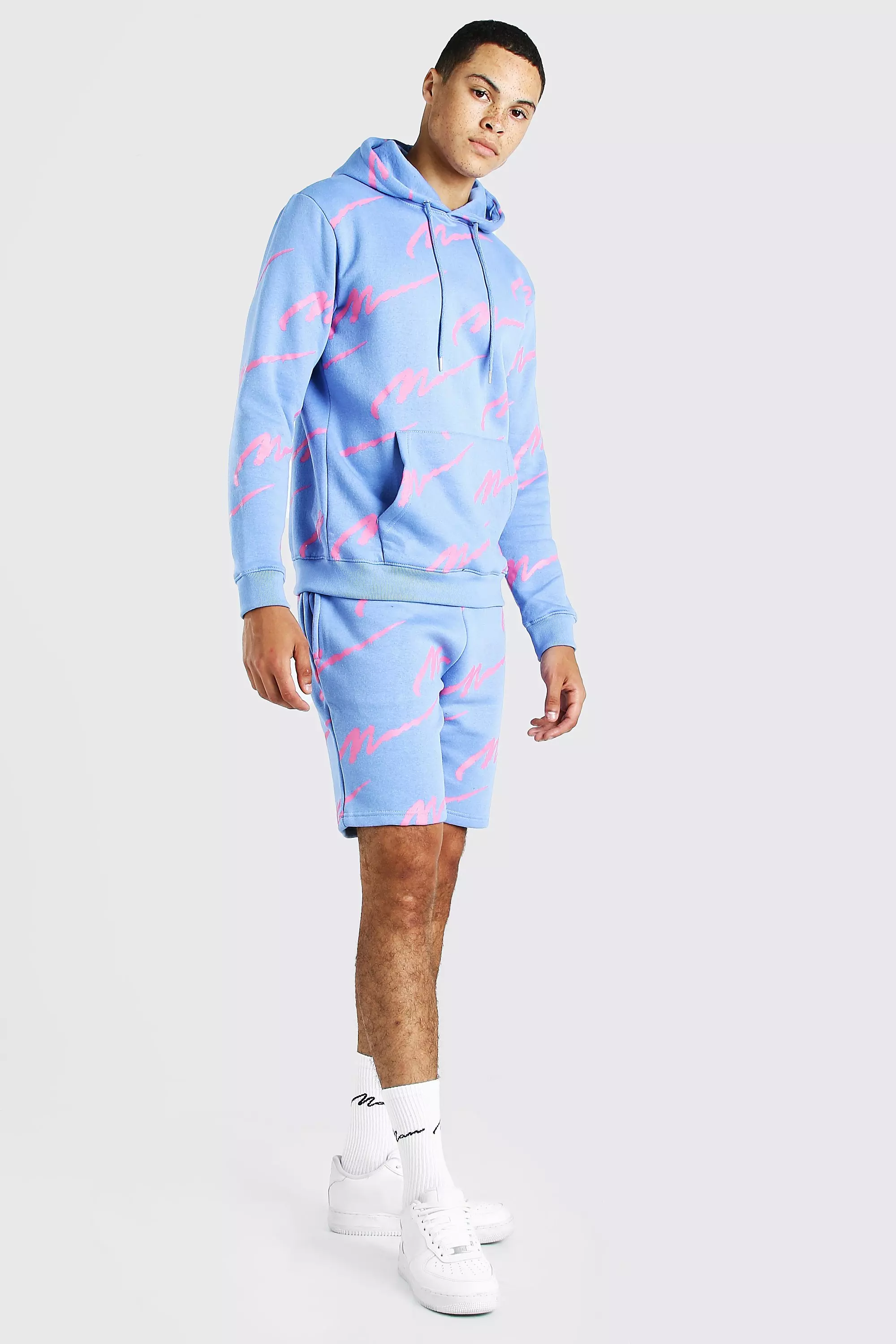 All Over MAN Printed Hooded Short Tracksuit