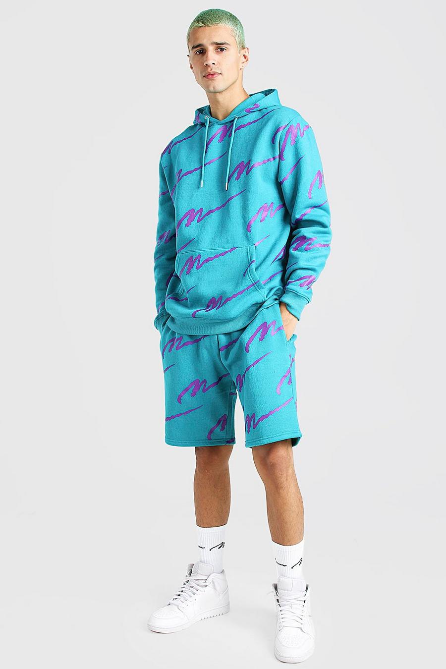 Teal All Over MAN Printed Hooded Short Tracksuit image number 1