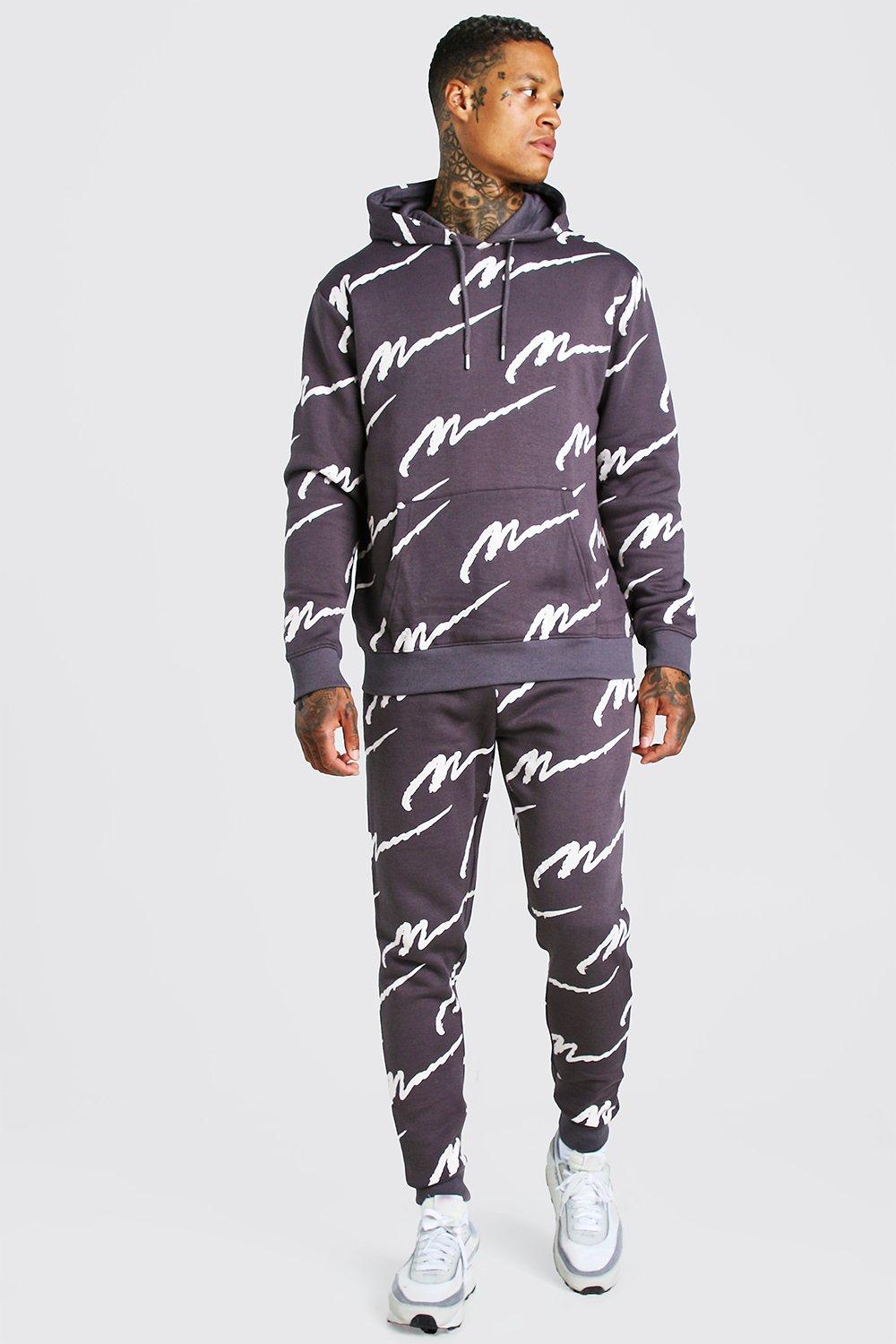 all over man printed hooded tracksuit grey