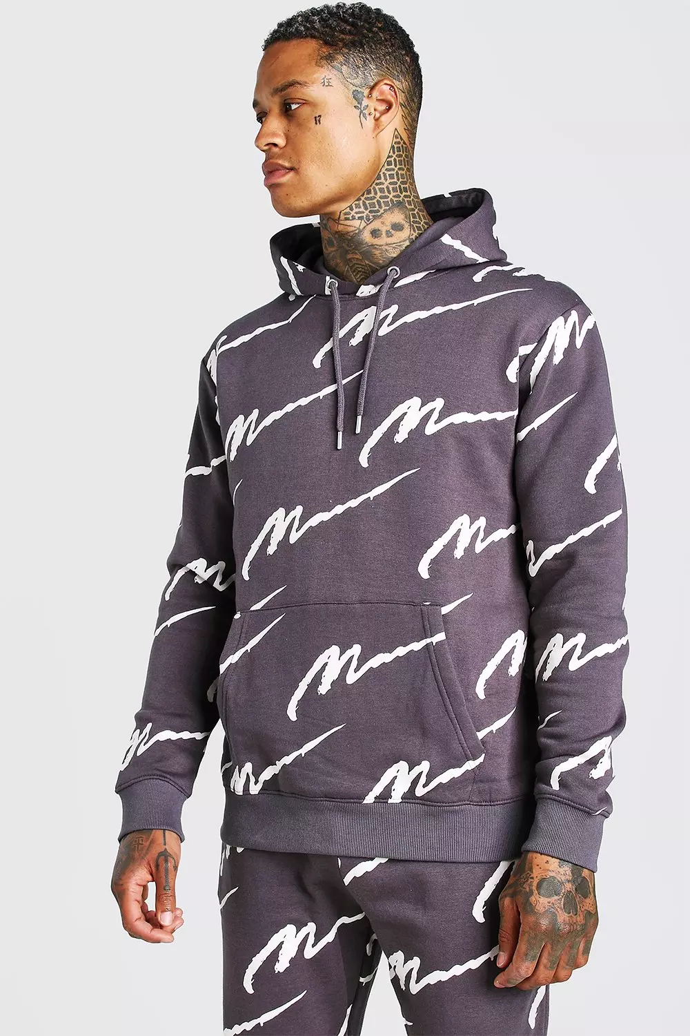 All over man store printed hooded tracksuit grey