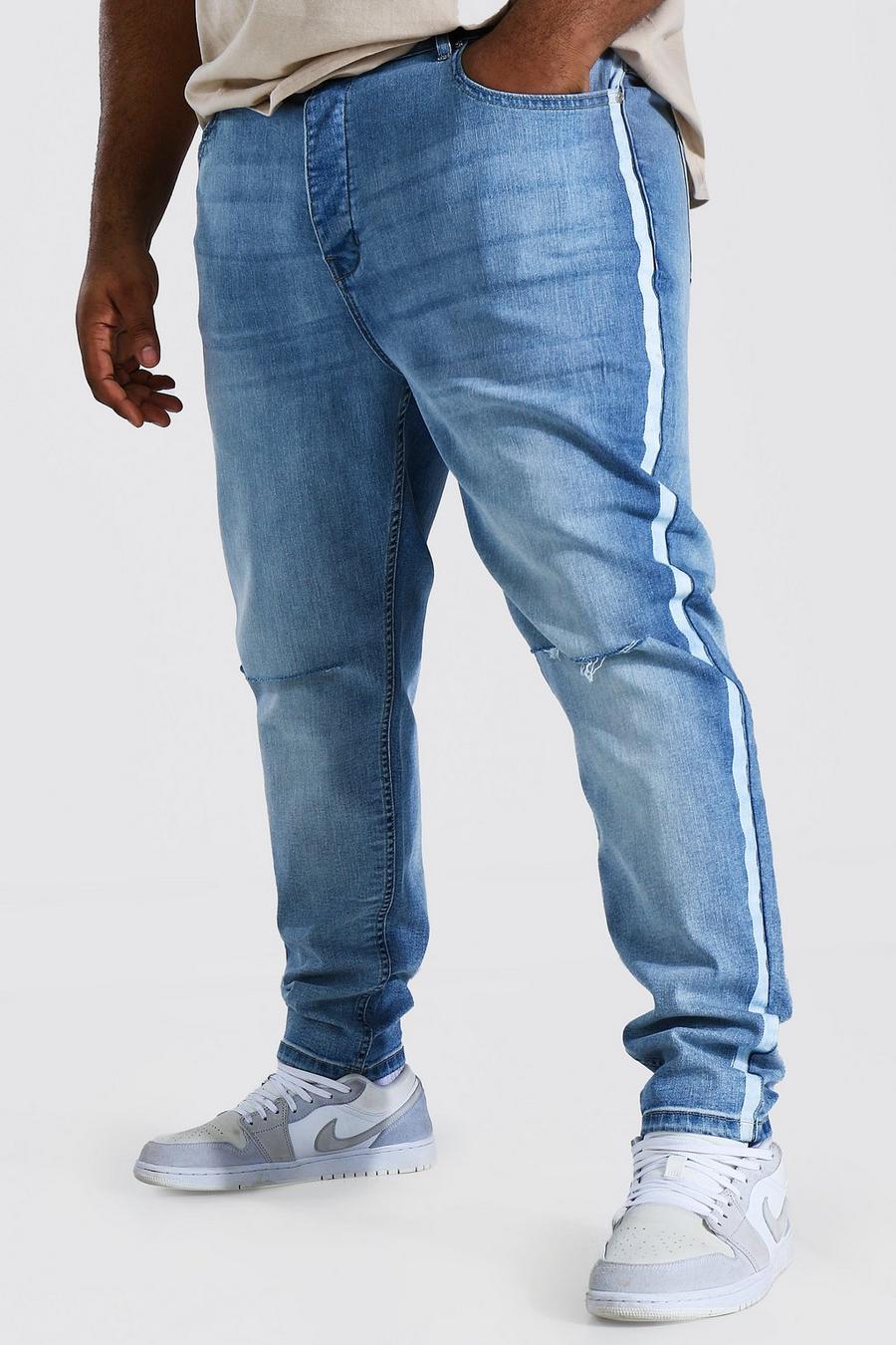 כחול עתיק סקיני ג'ינס מבד נמתח עם קרעים ופס בצד, מידות גדולות image number 1