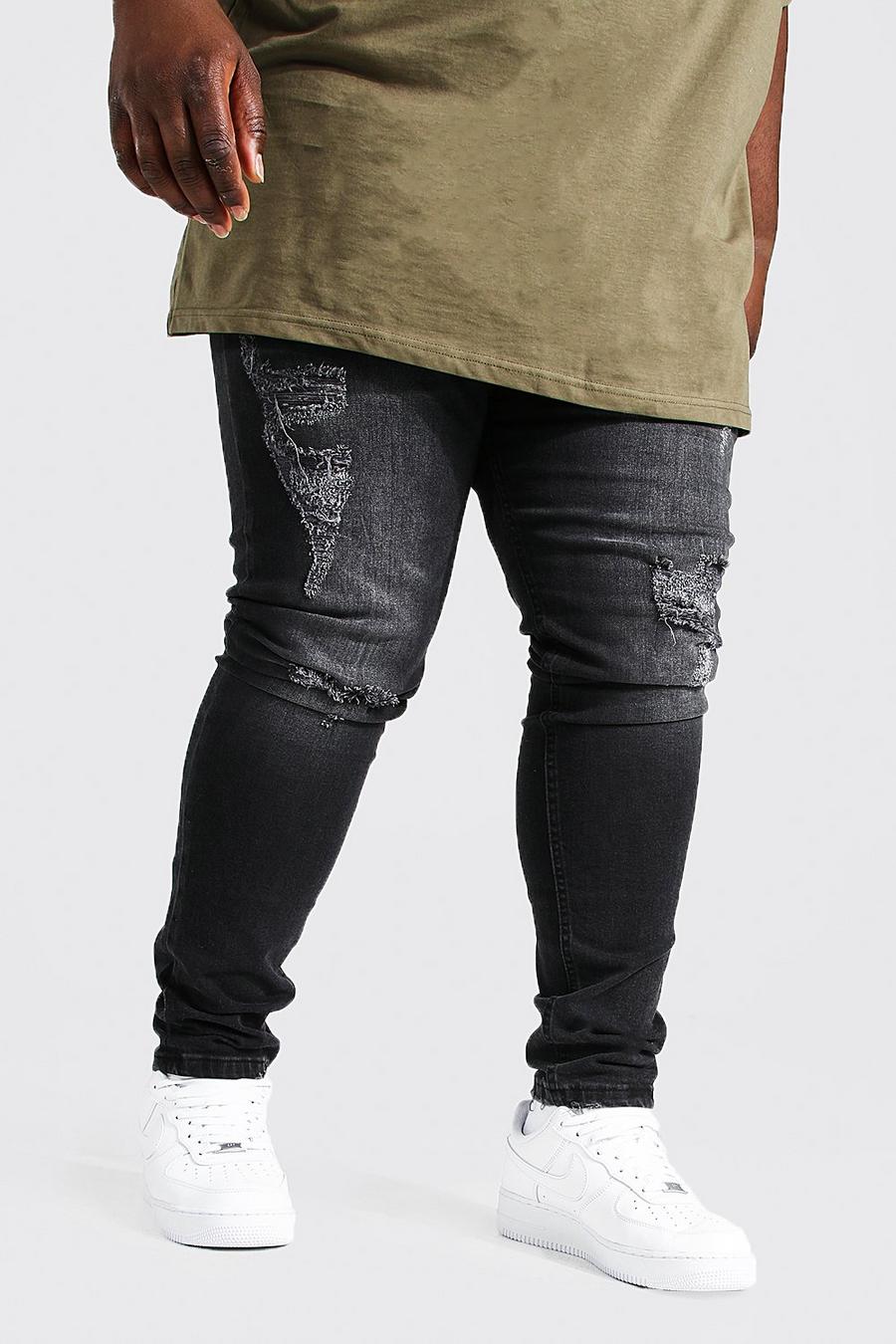 Jeans Plus skinny elasticizzati stretti in fondo con strappi, Nero effetto lavato image number 1