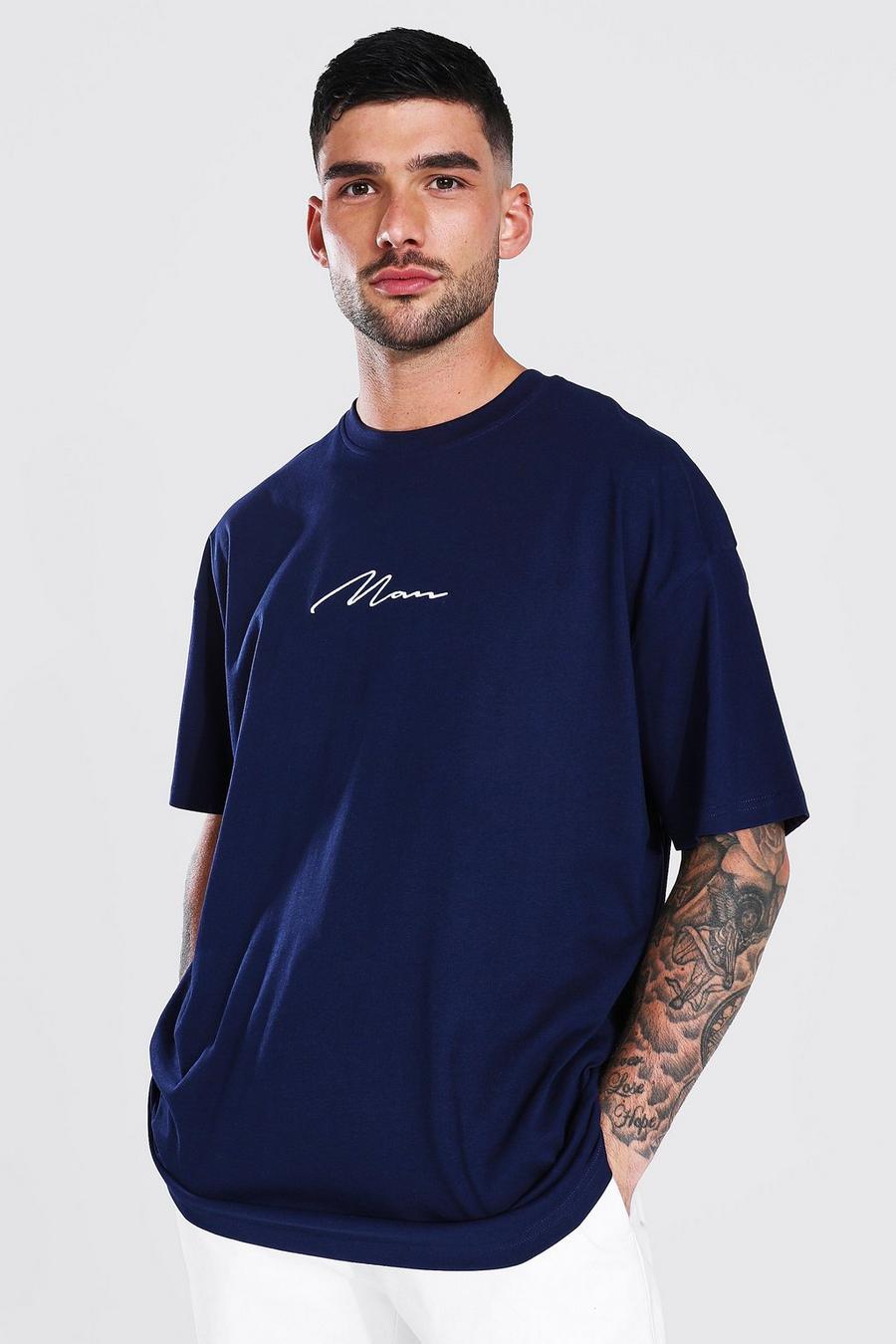 Navy Oversized Man Signature Embroidered T-shirt image number 1