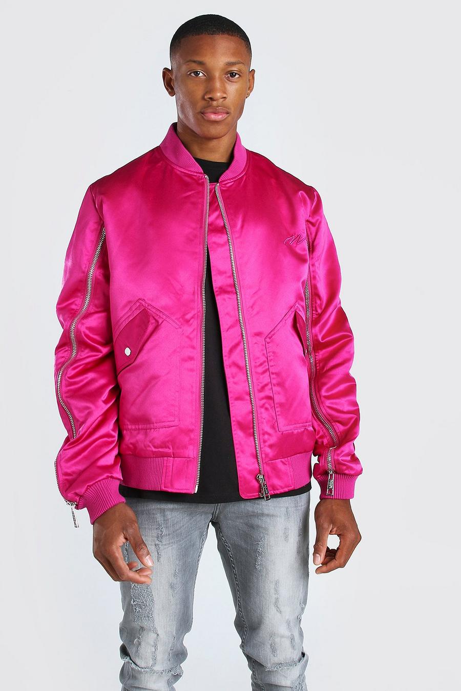 Rose pink Zip Detail Bomber Jacket With Man Embroidery image number 1
