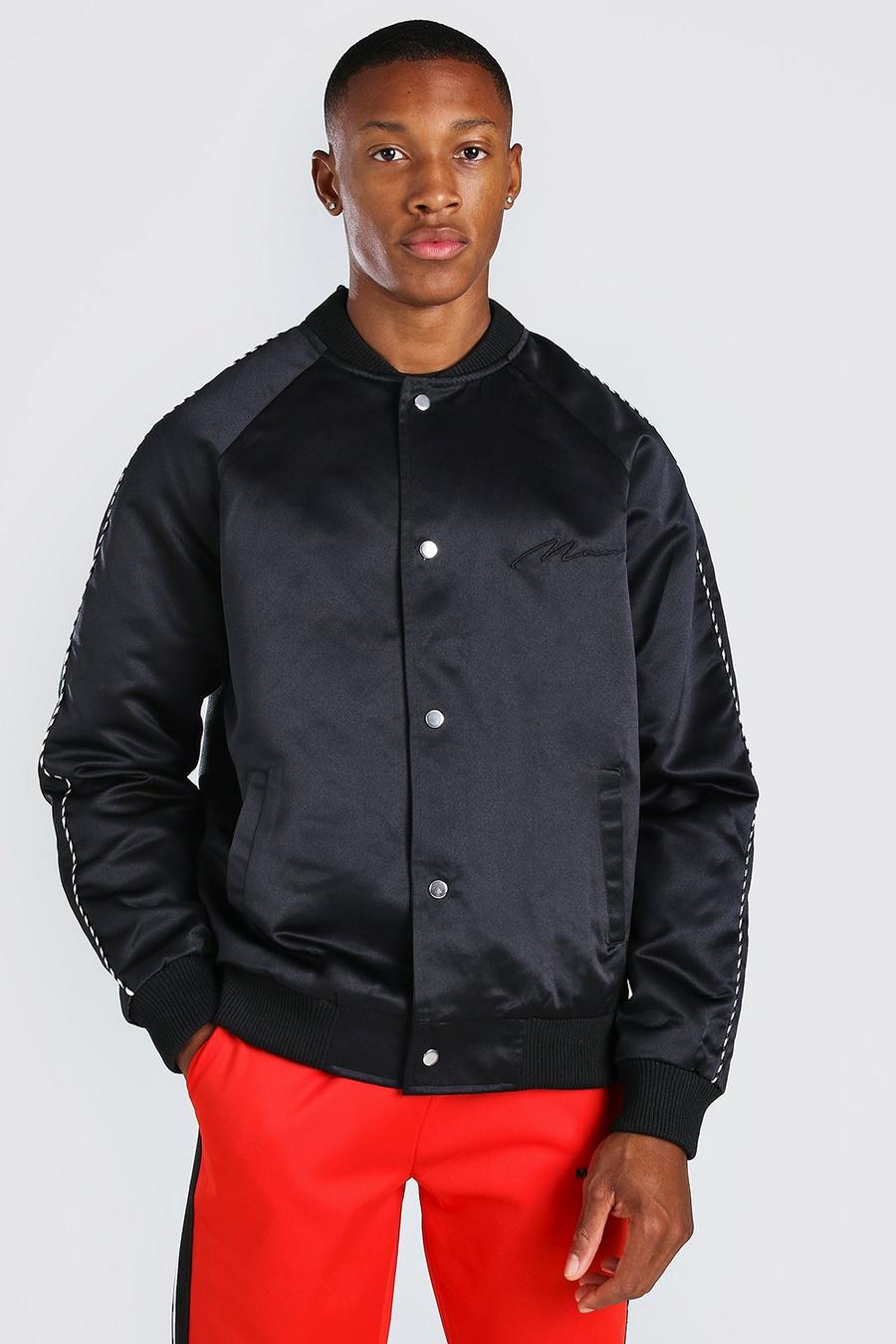 Black Satin Bomber Jacket With Chest Man Embroidery image number 1